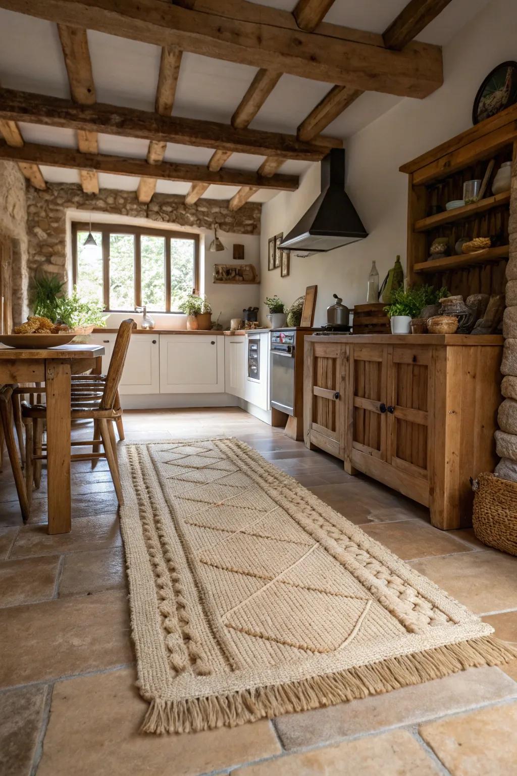 Rugs of raw weave add texture and a rustic appeal to kitchens.