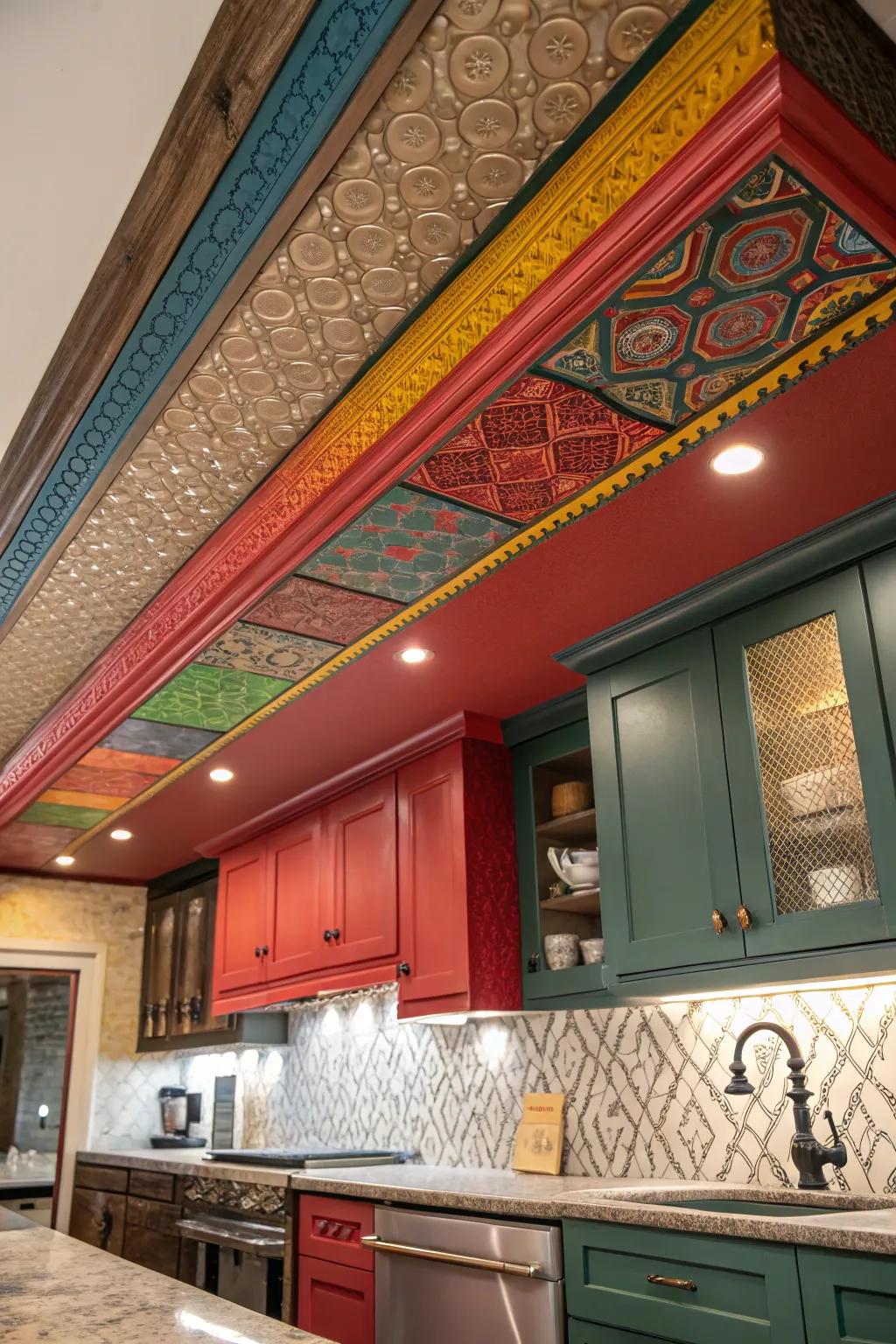 A soffit featuring a bold color and interesting texture, adding a creative flair to the kitchen.