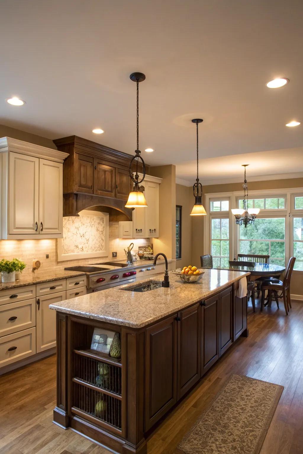Layered lighting provides versatility and ambiance.
