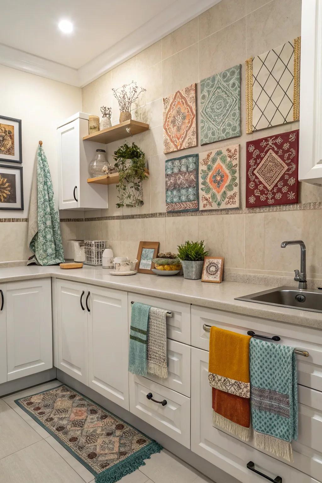Establish a unified theme by matching linen colors with kitchen components.