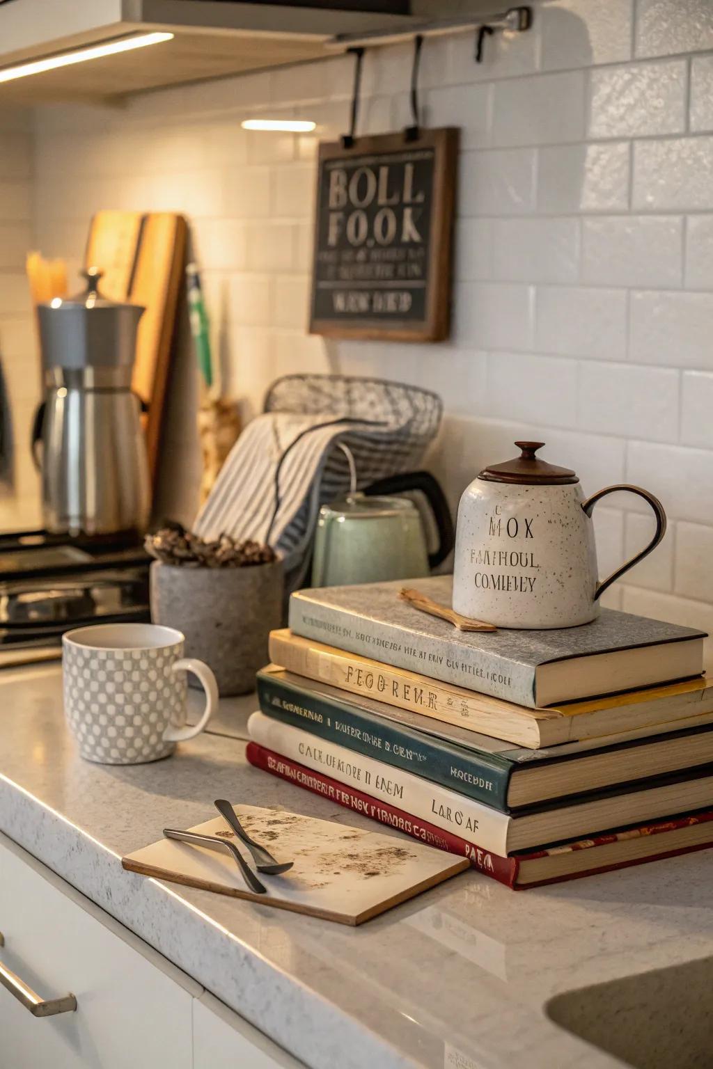 Add depth and thematic elements using books and signs in your vignette.