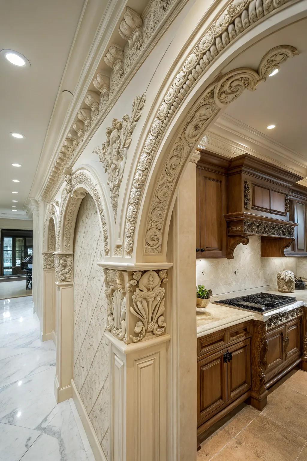 Decorative moldings add elegance and charm to kitchen openings.