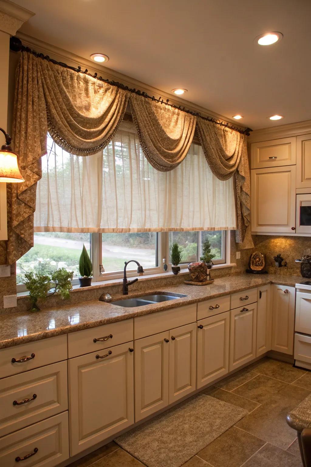 Layered treatments enhance texture and visual appeal in kitchen windows.