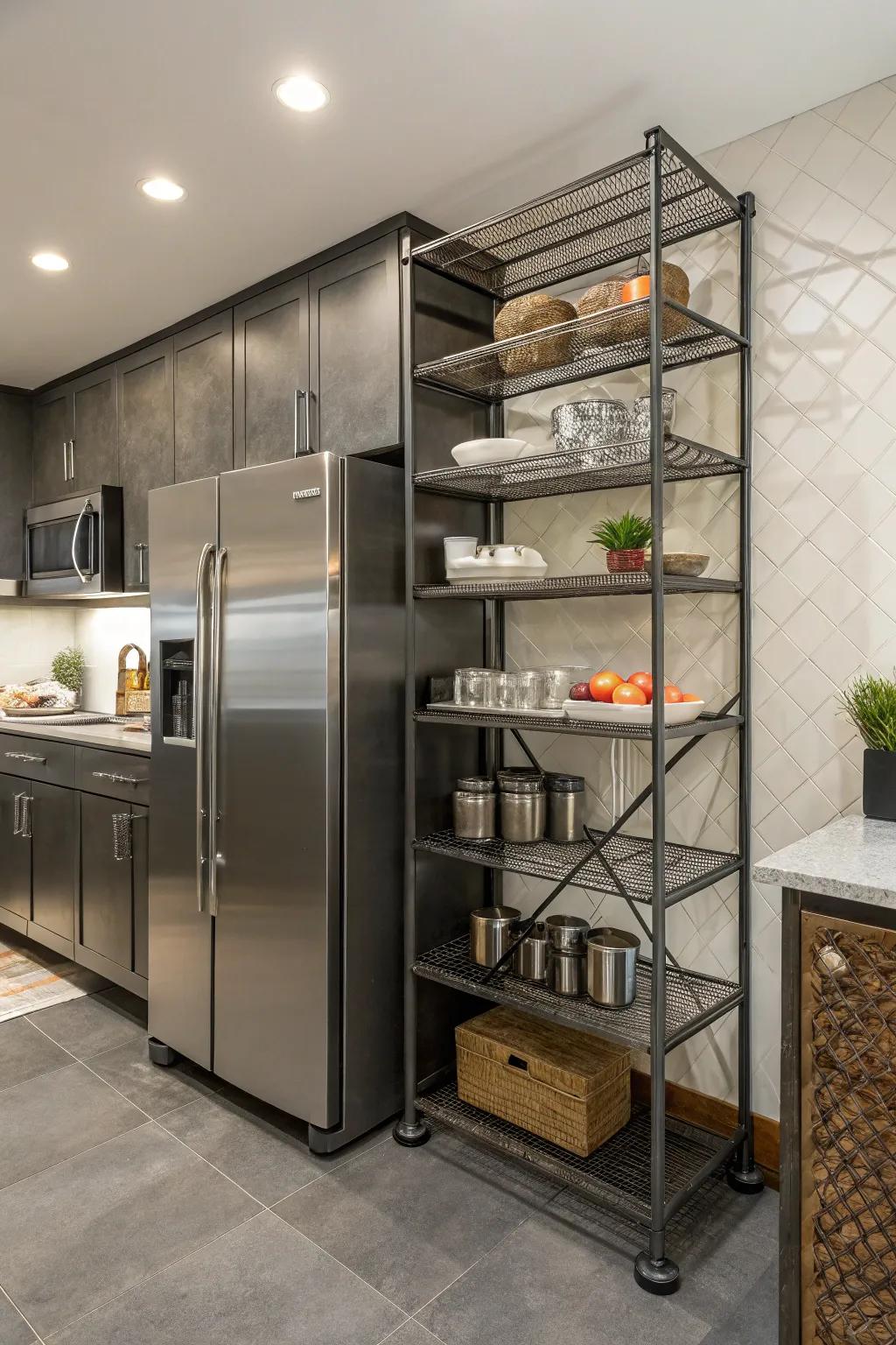 A kitchen showcasing industrial metal shelves that surround the fridge, adding both style and storage.