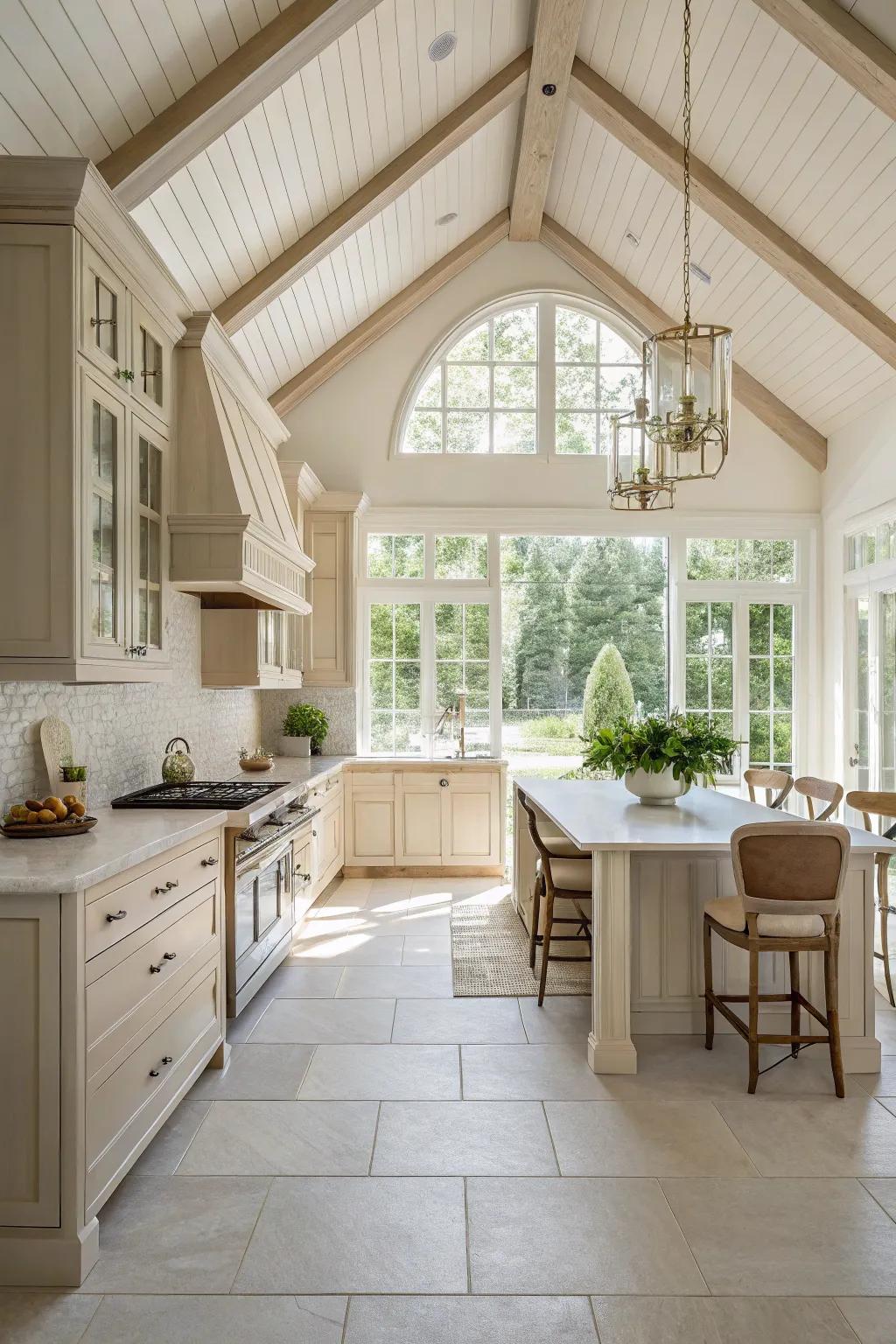 A subtle palette brings serenity and extra space to this kitchen featuring a vaulted ceiling.