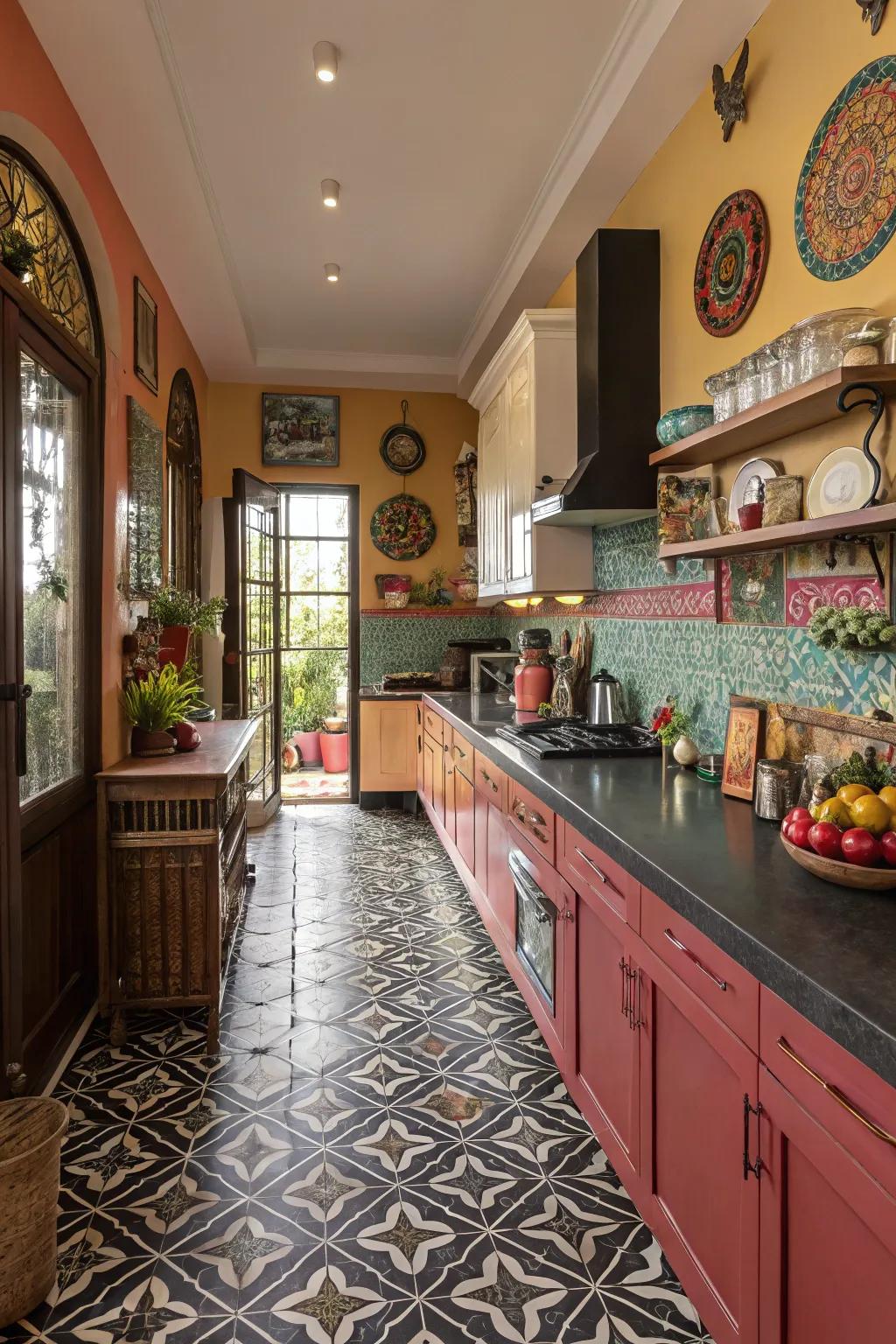 Patterned tile floors bring personality to this unique kitchen.