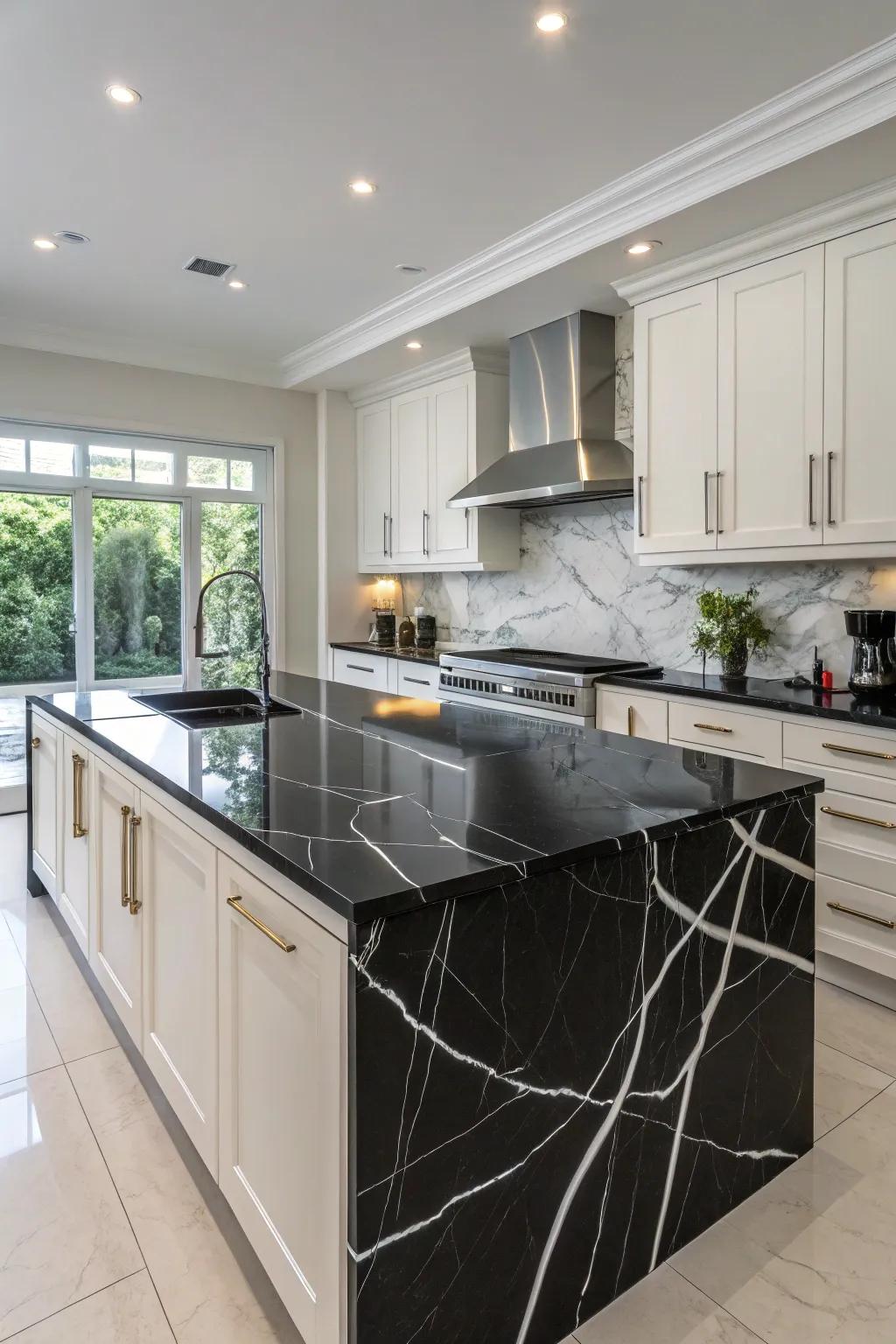 Bold black quartz worktops featuring refined white streaks.