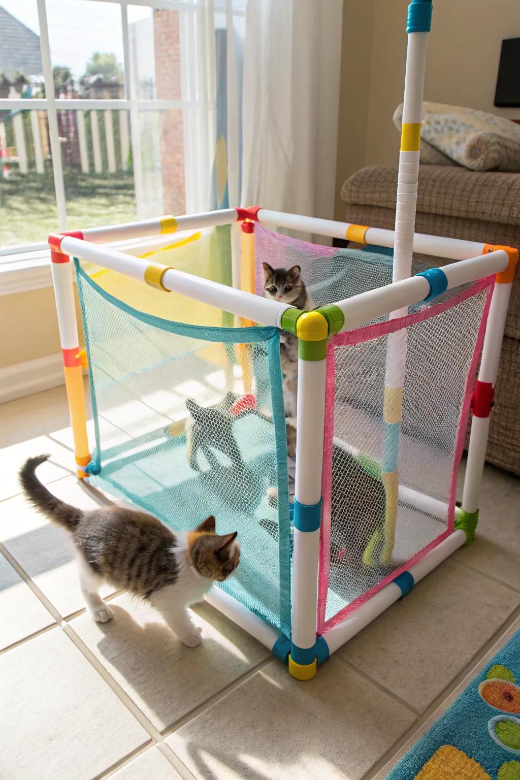 A personalized play area fashioned from PVC pipes, suited for crafty pet keepers.