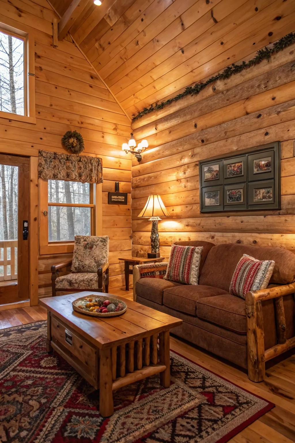 Earthy color scheme enhancing the warmth of pine paneling.