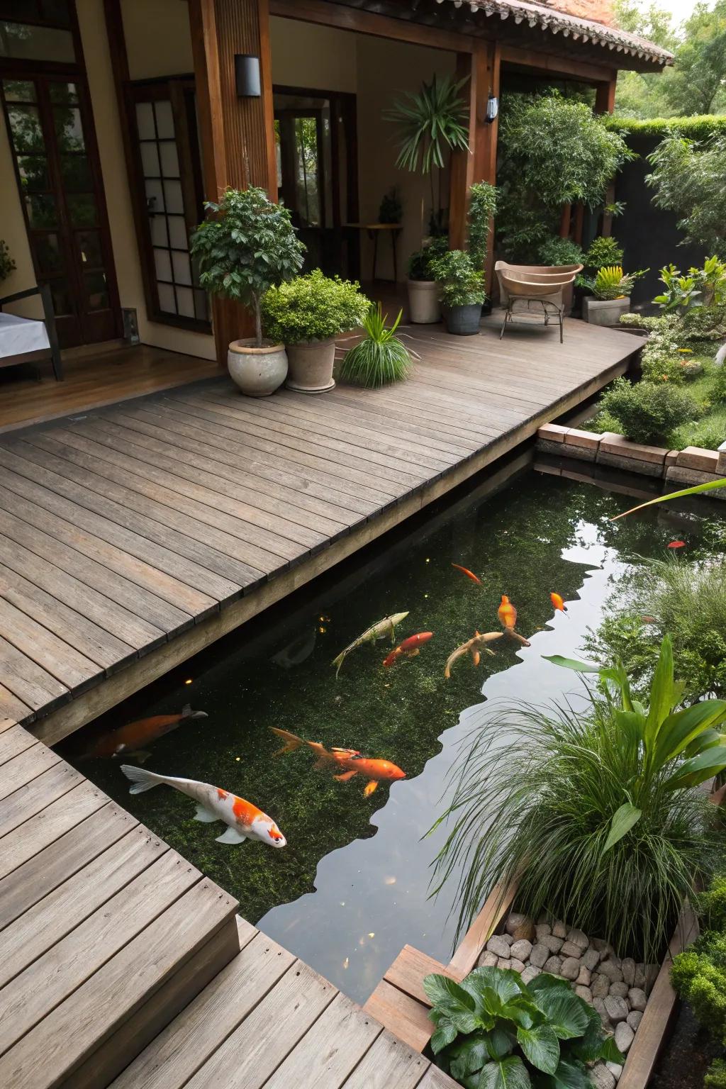 A pond seamlessly integrated with a deck fashions an inviting space.