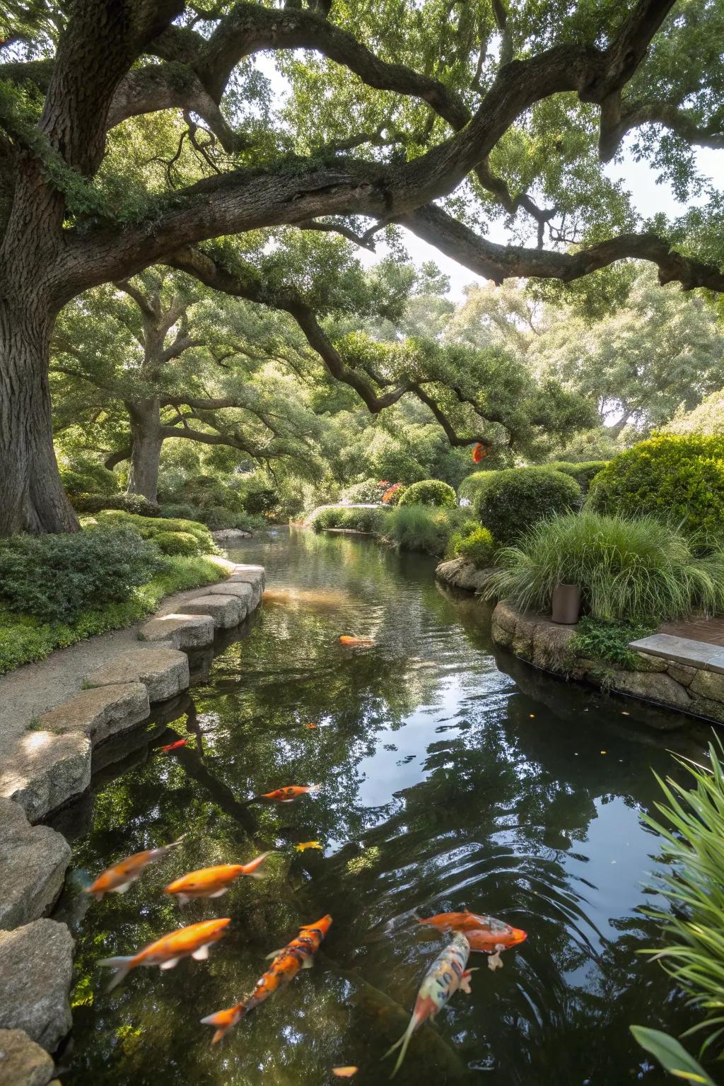 A koi pond nestled serenely under the canopy of soaring oak trees.