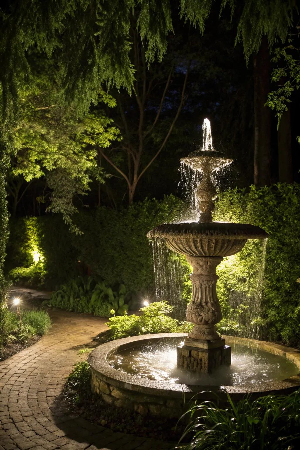 Spotlights turning garden features into captivating focal points at night.