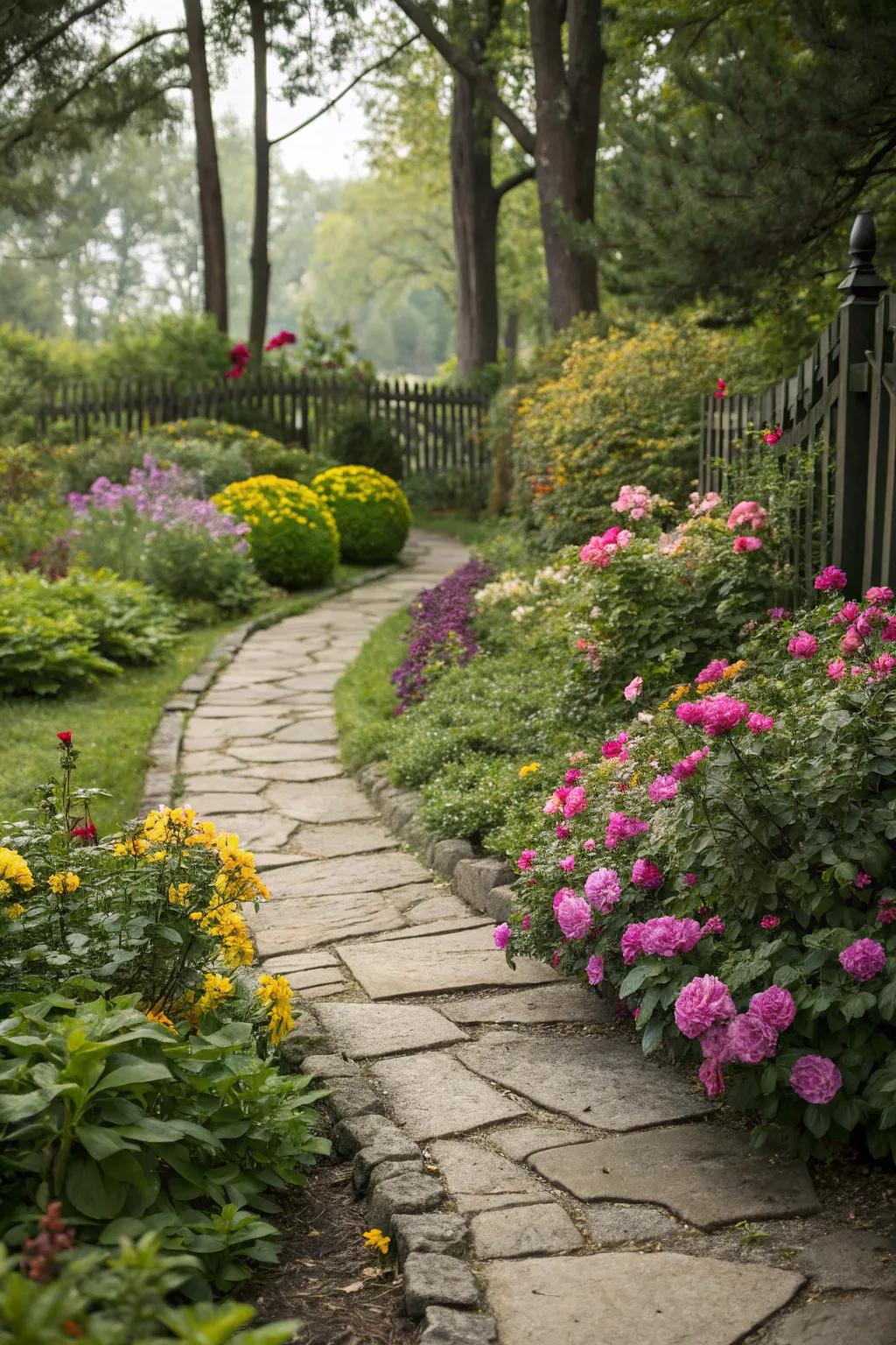 A garden bed featuring a charming stone pathway encouraging exploration.