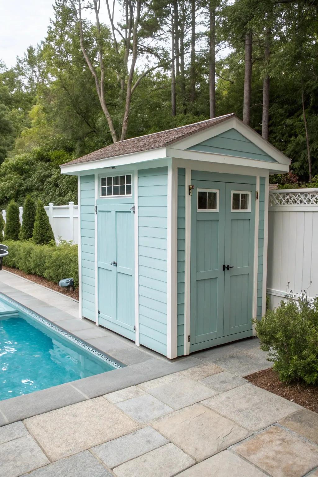A small shed or pool house offers style and functionality in concealing pool equipment.