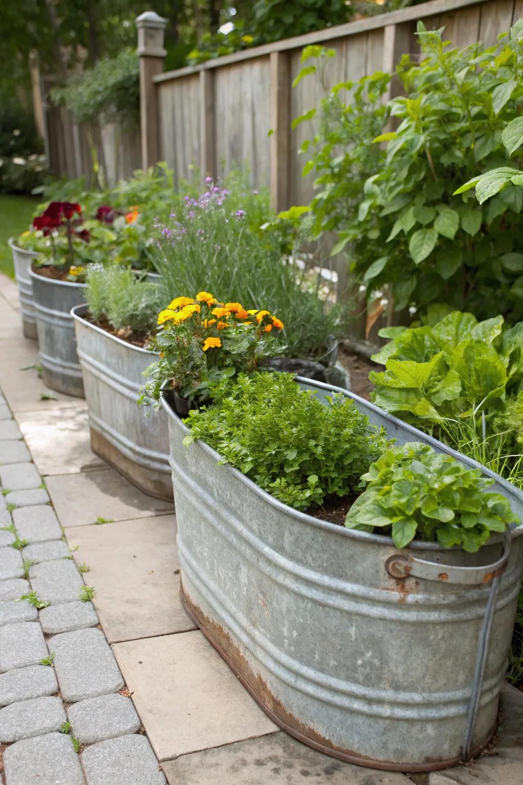 Coated steel containers add a rustic charm and usefulness to your garden.