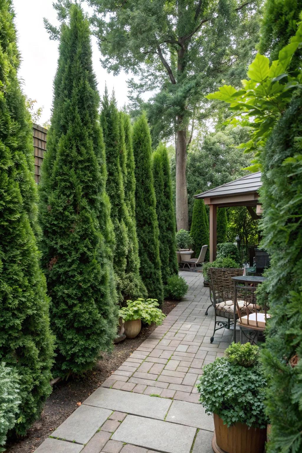 Evergreens wrap your patio in an inviting, natural embrace.