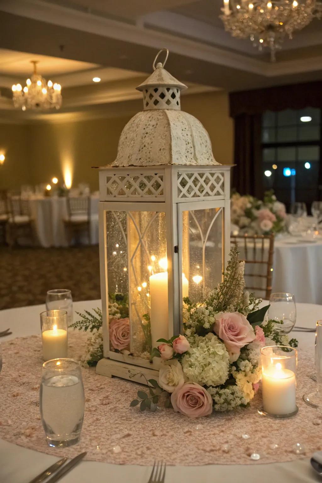 An anniversary-themed flame box centerpiece.