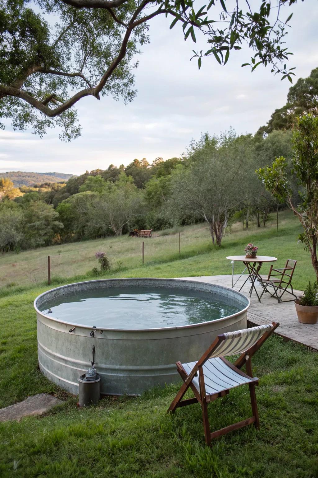 A watering trough pool provides a refreshing way to cool off on hot days.