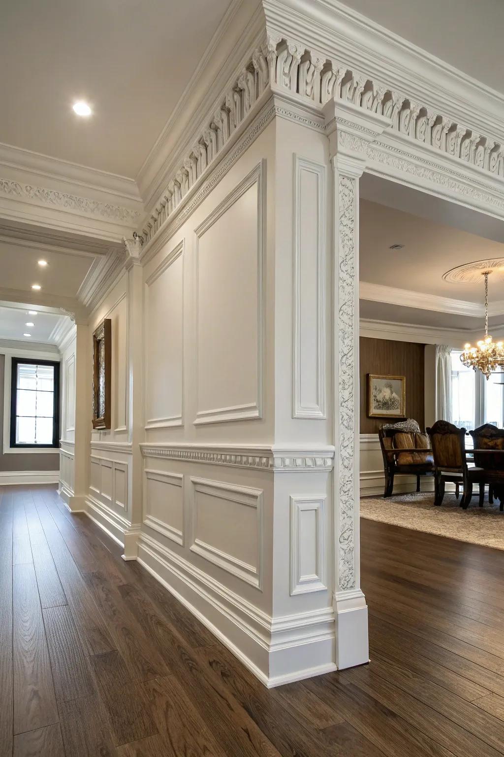 A room presenting wide crown molding alongside baseboards, for comparative style perception.