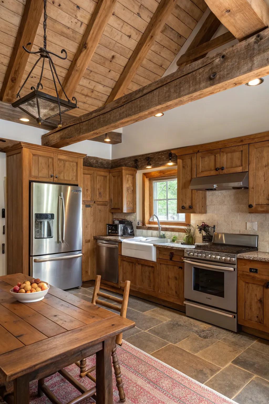 A rustic kitchen featuring modern stainless steel accents.