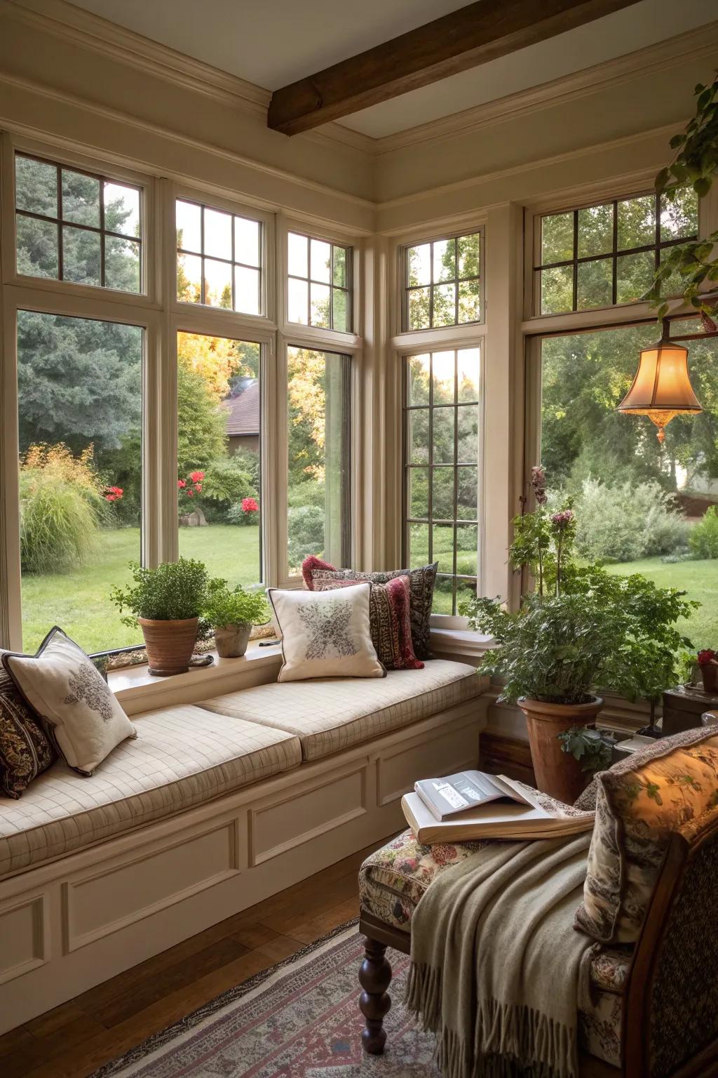 A cozy window bench that invites you to unwind and gaze at the garden.