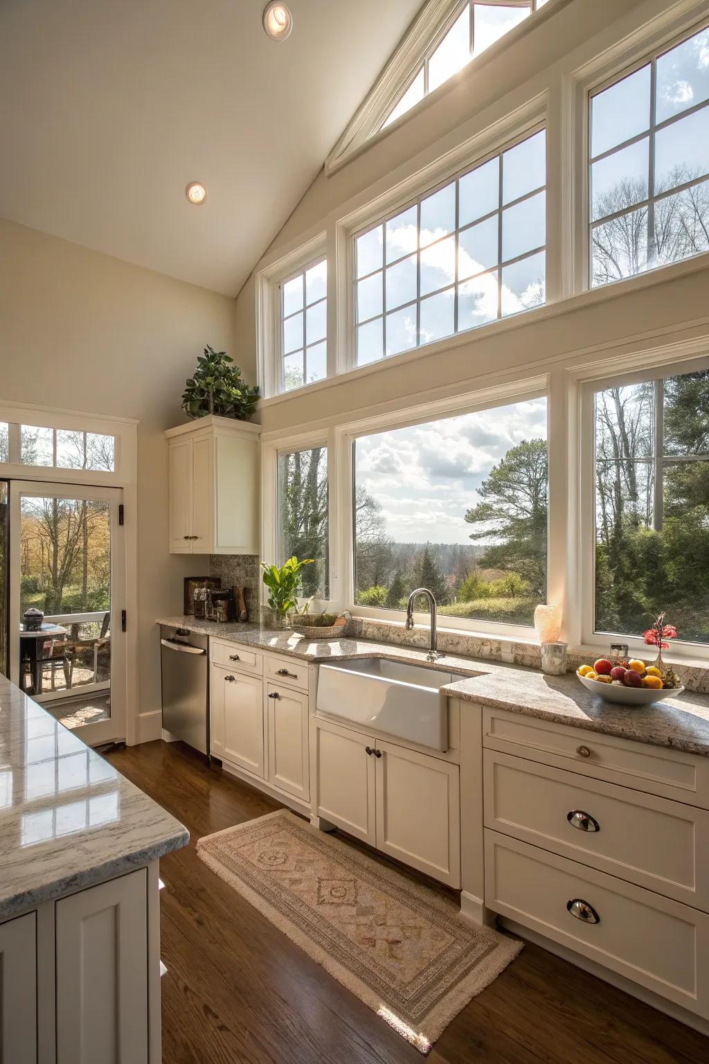 Transom windows enhancing a kitchen with added light and ventilation.