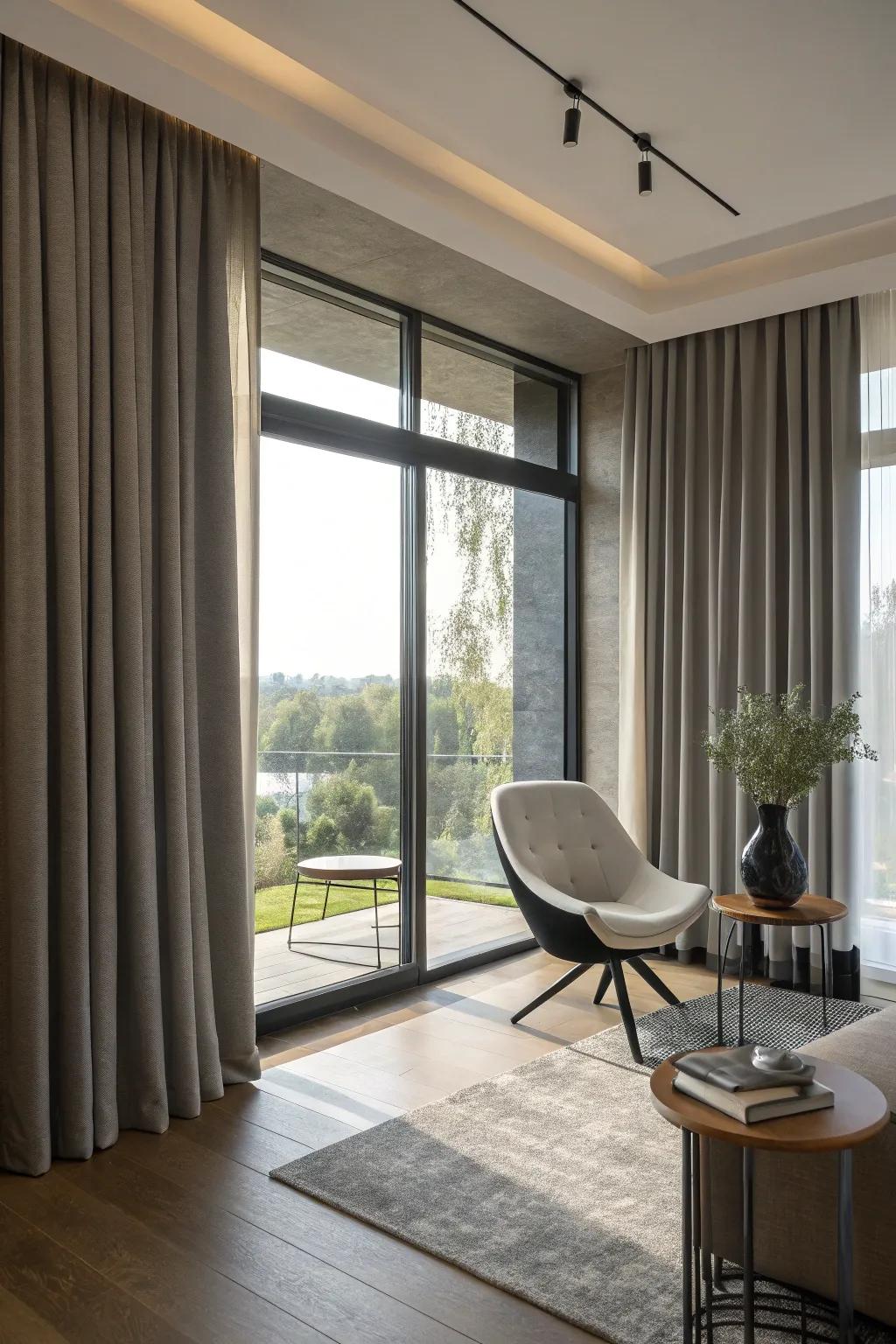 Metal-ring curtains provide a modern flair.