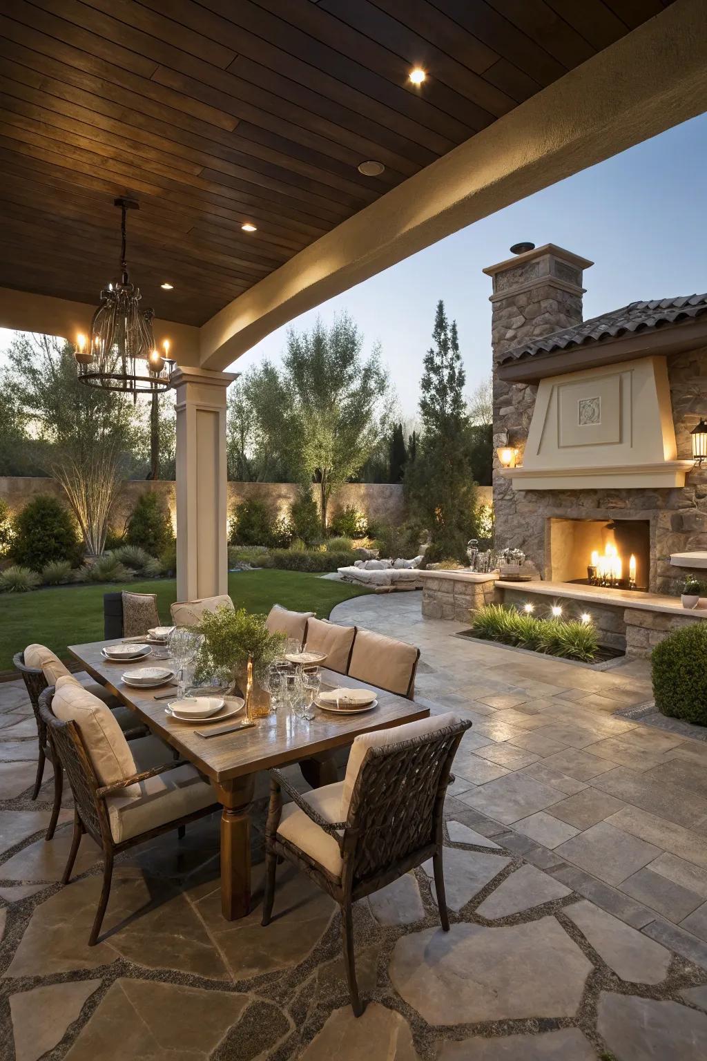 Chic patio dining area featuring stone flooring in a Las Vegas backyard.