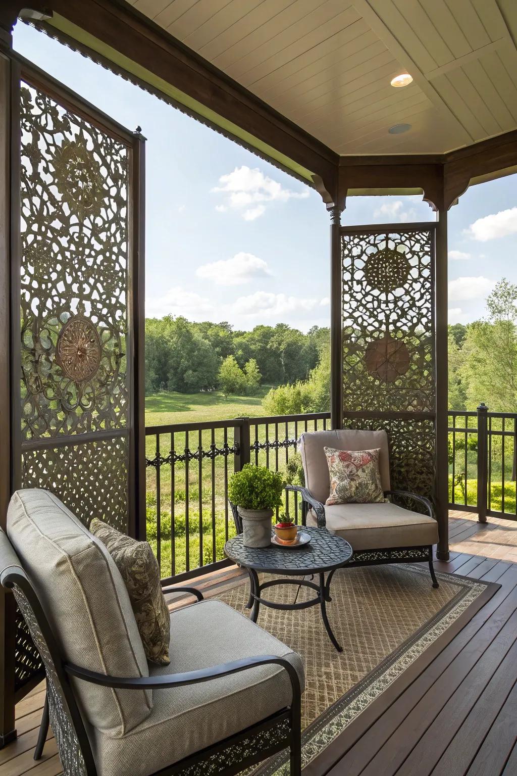 Ornate ornamental displays add artistic flair to this welcoming deck space.