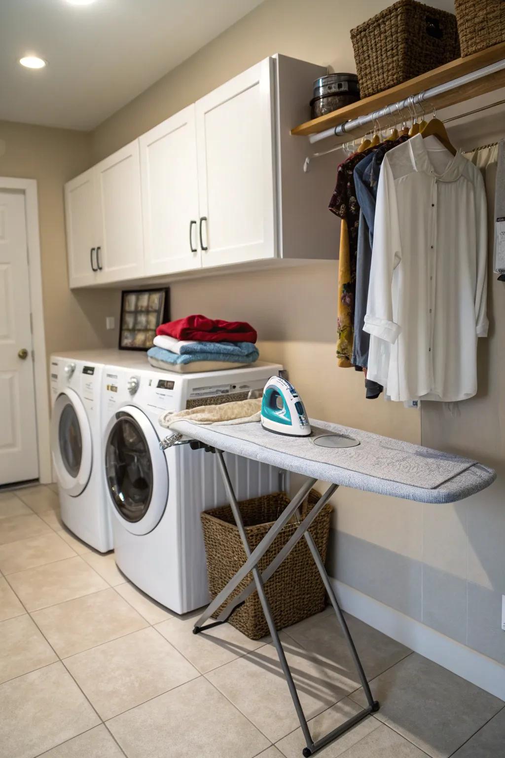 A built-in ironing board is convenient and keeps things tidy.