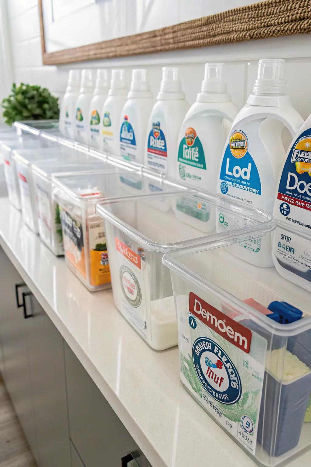 Clear labeled containers make finding everything easy and keep the area neat.