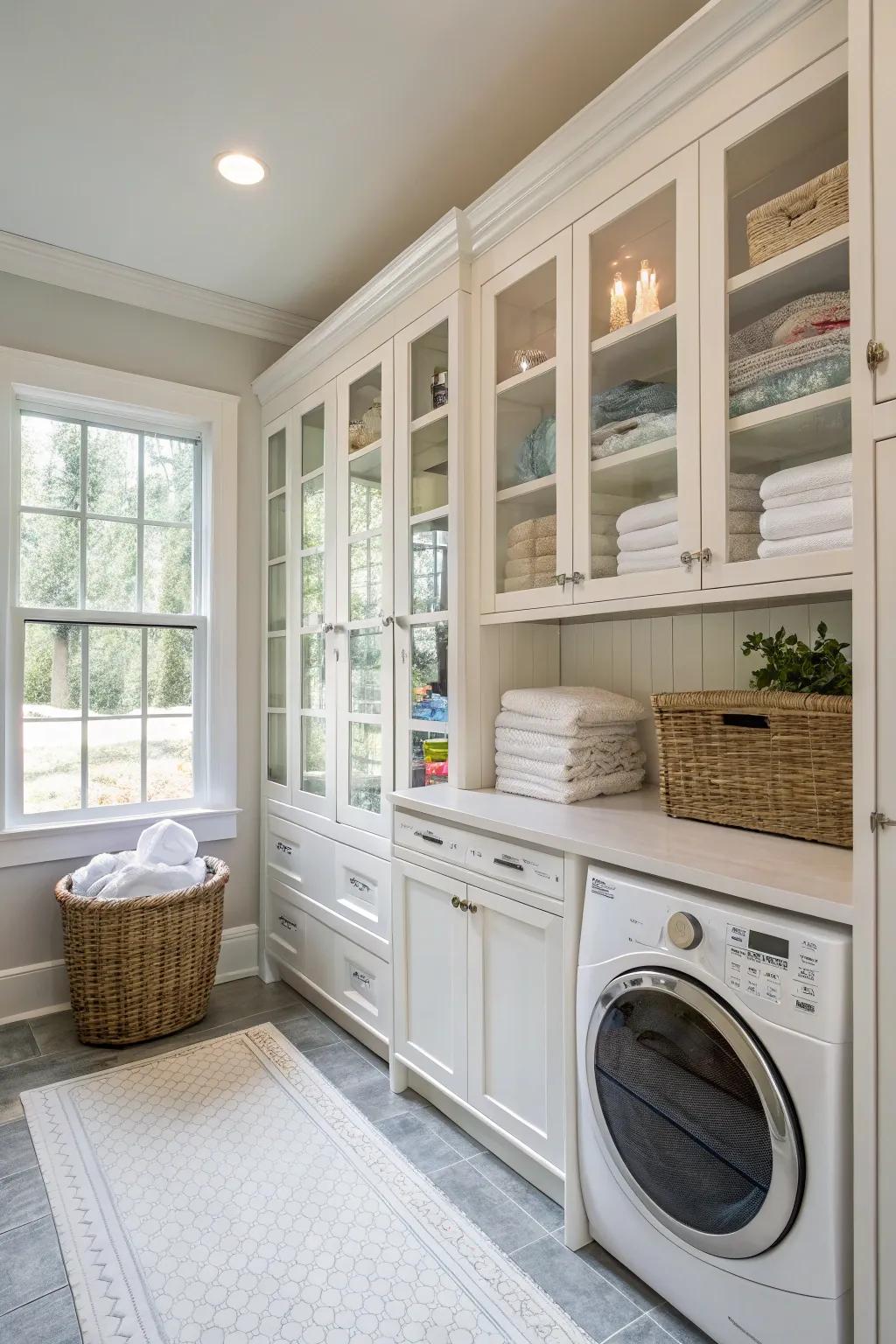 Glass-front cabinets increase brightness and visibility in your laundry area.