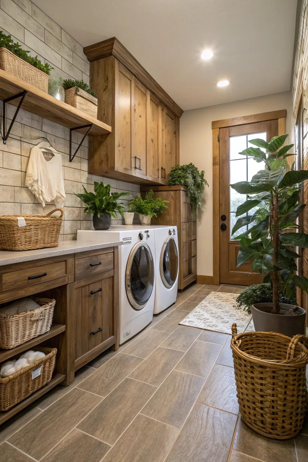 Earthy elements infuse the laundry room with warmth and naturalness.