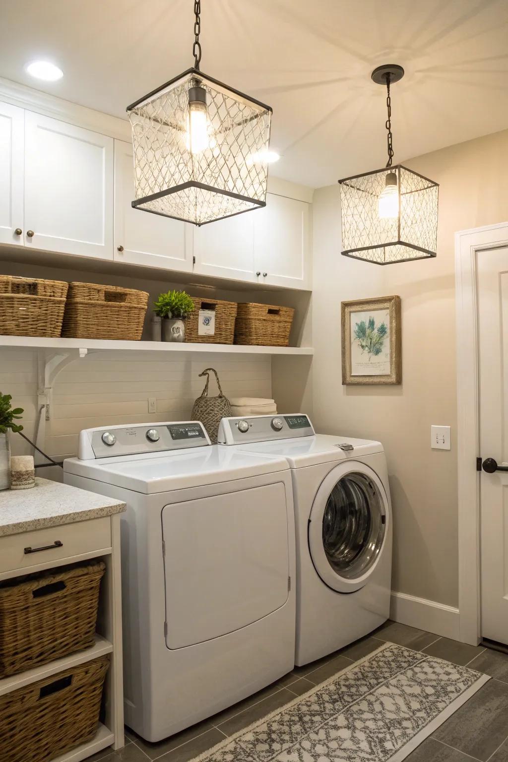 Radiant illumination transforms the laundry area into an inviting setting.