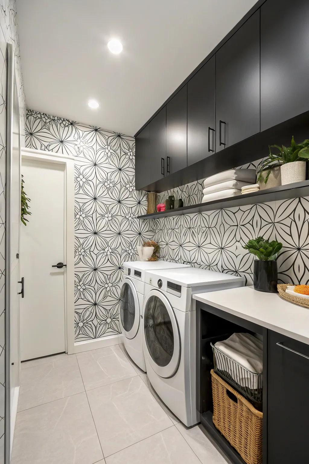 Wallpaper in monochrome tones adds a touch of class and sophistication.
