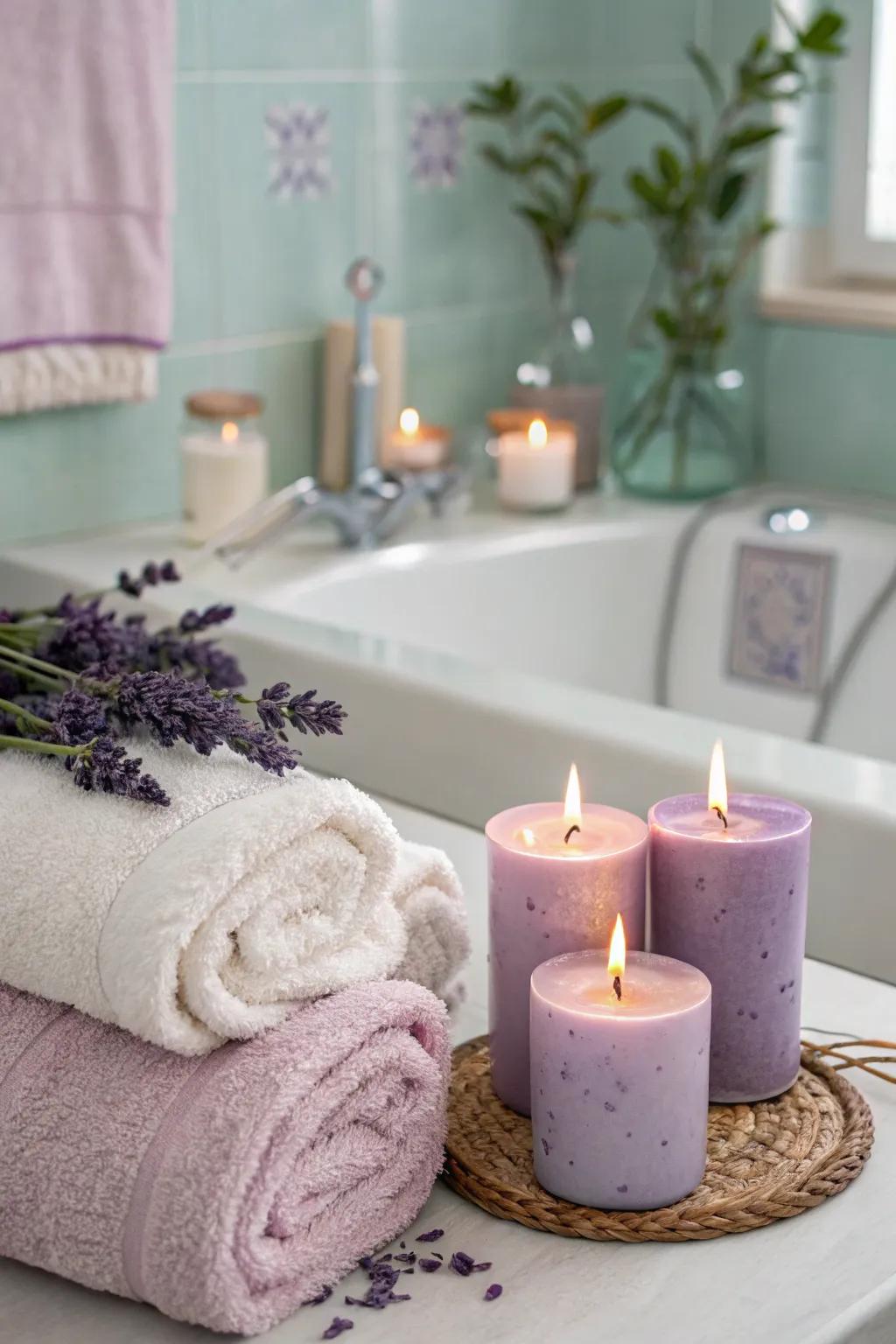 A washroom transformed into a spa-like getaway featuring lilac highlights.