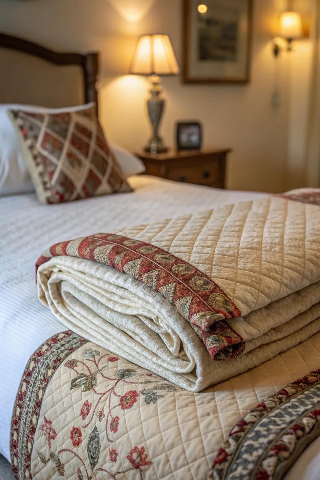 A textured quilt adding depth and character to the bedding ensemble.