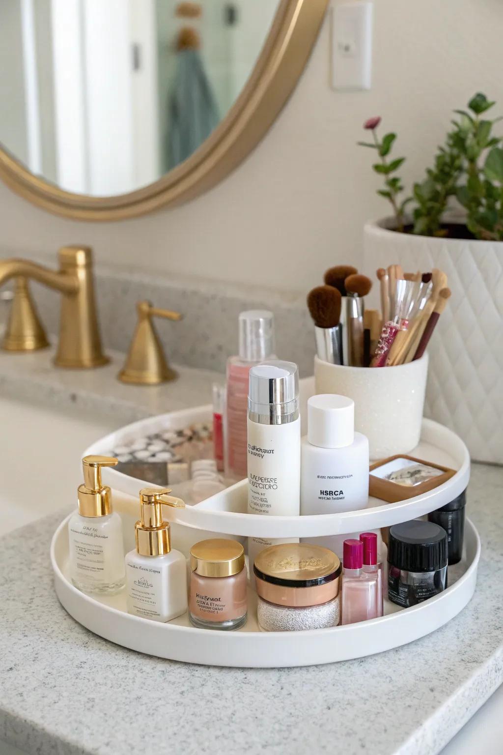 Organize your bathroom essentials with a stylish spinning organizer.