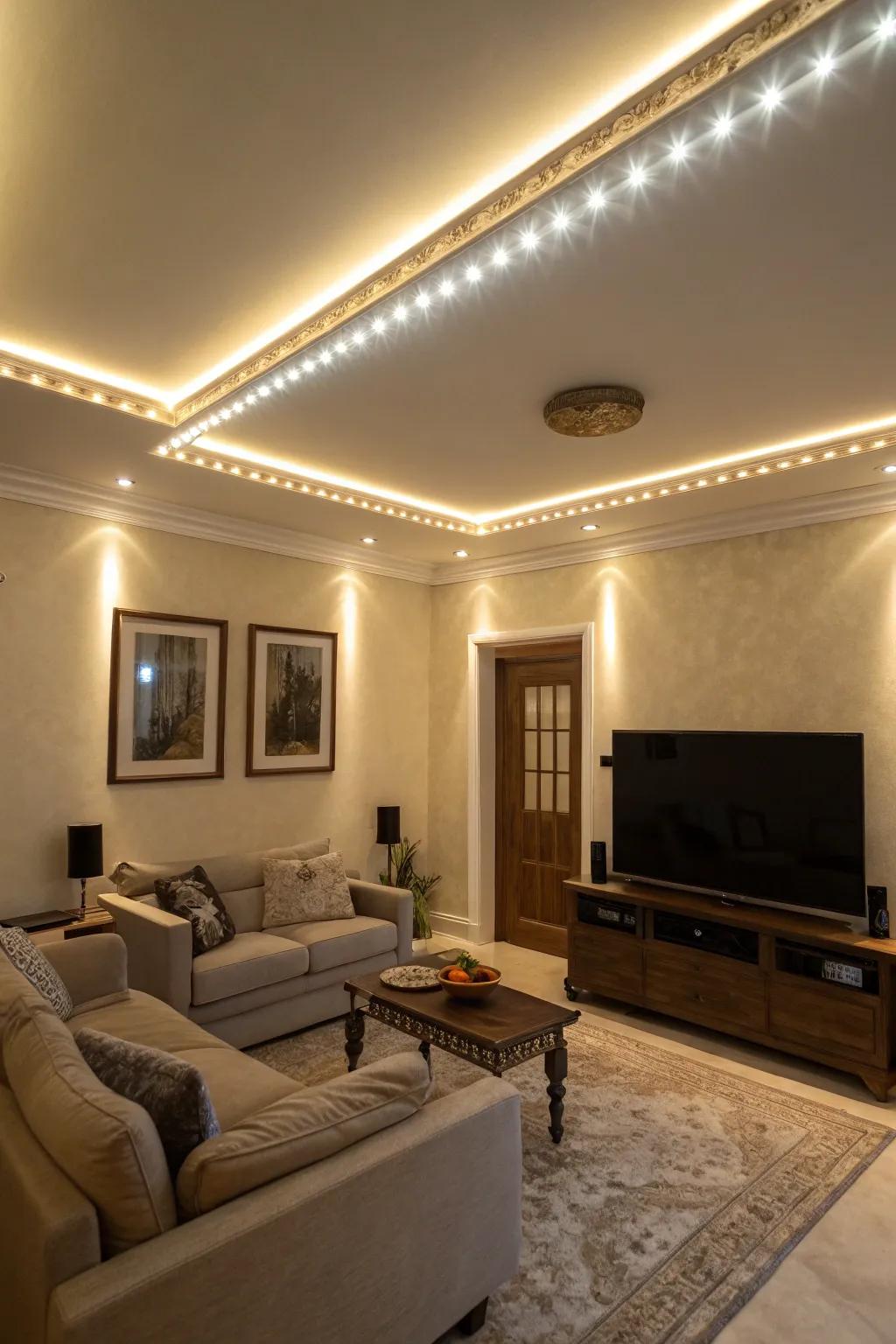 Add dimension to your living room with ceiling LED highlights.