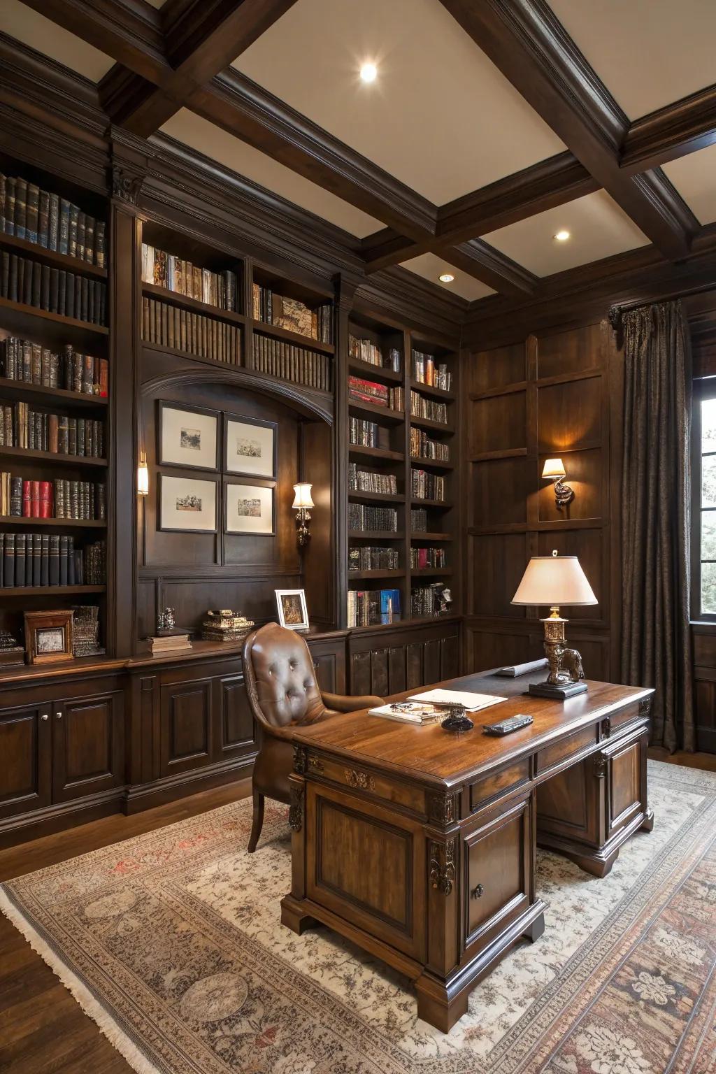 An elegant home library with classic furniture and rich wood tones.