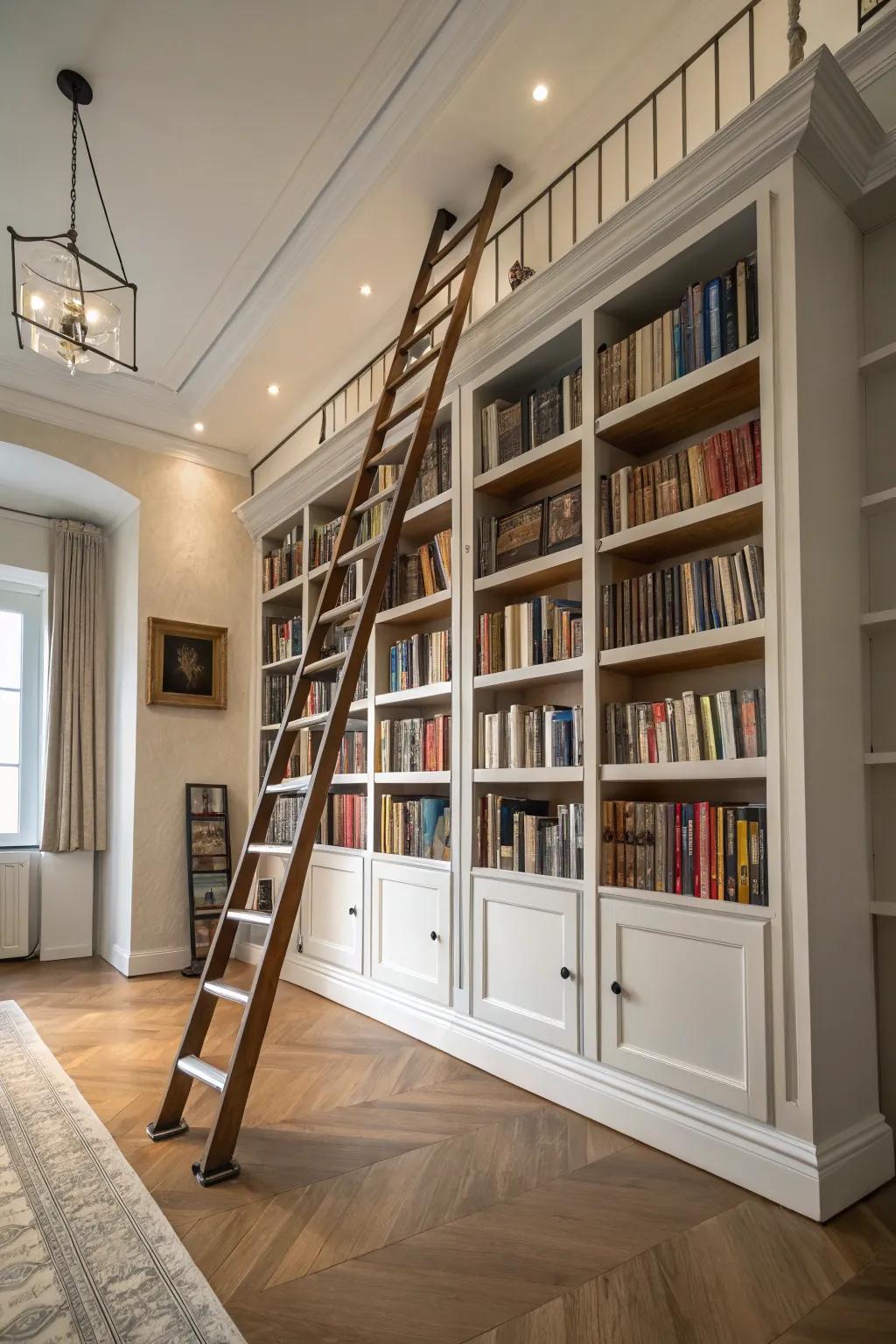 An attractive library staircase providing simple access to higher shelves.