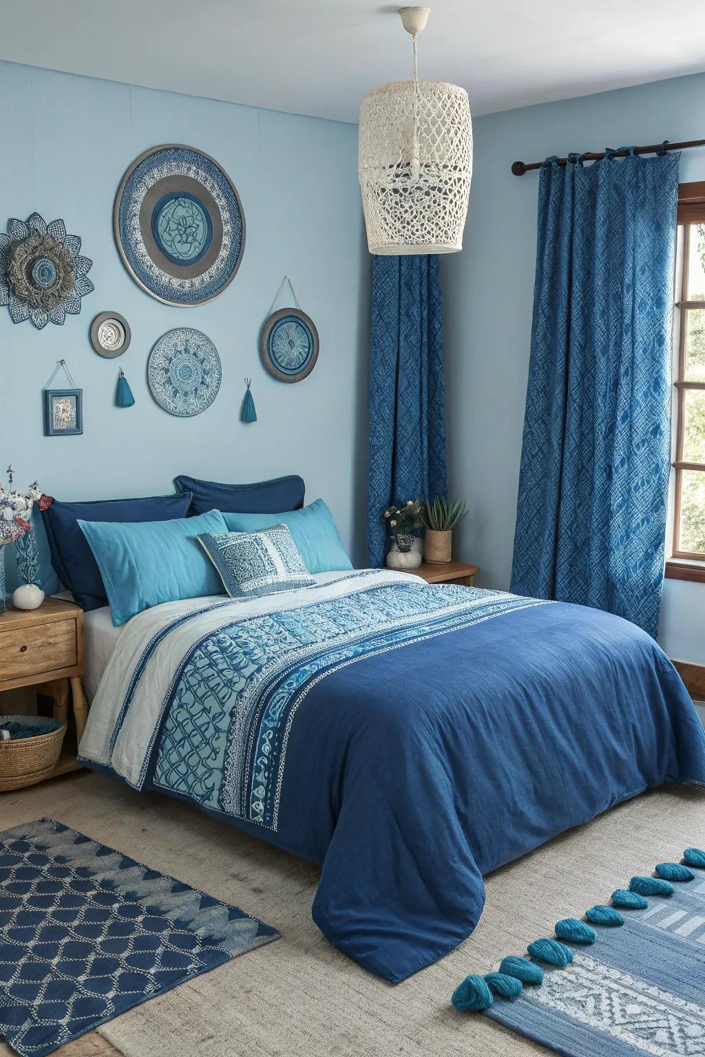 A bedroom presenting a variety of blue shades, resulting in a balanced and energetic design.