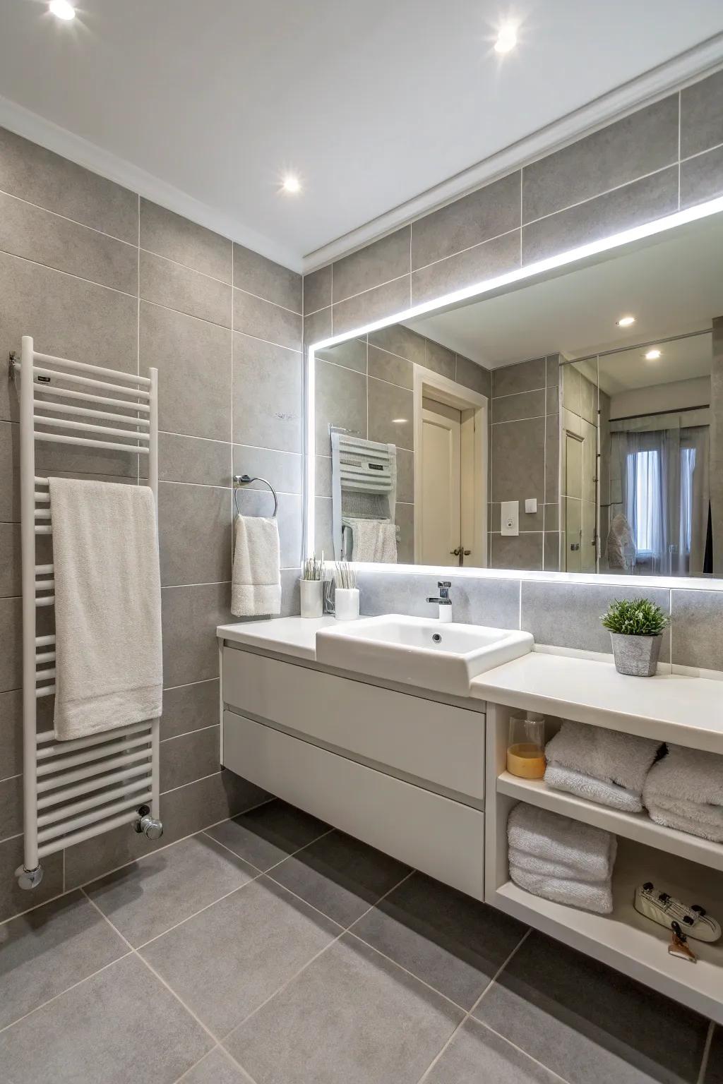 Gentle grays offer dimension and elegance in a bright bathroom.
