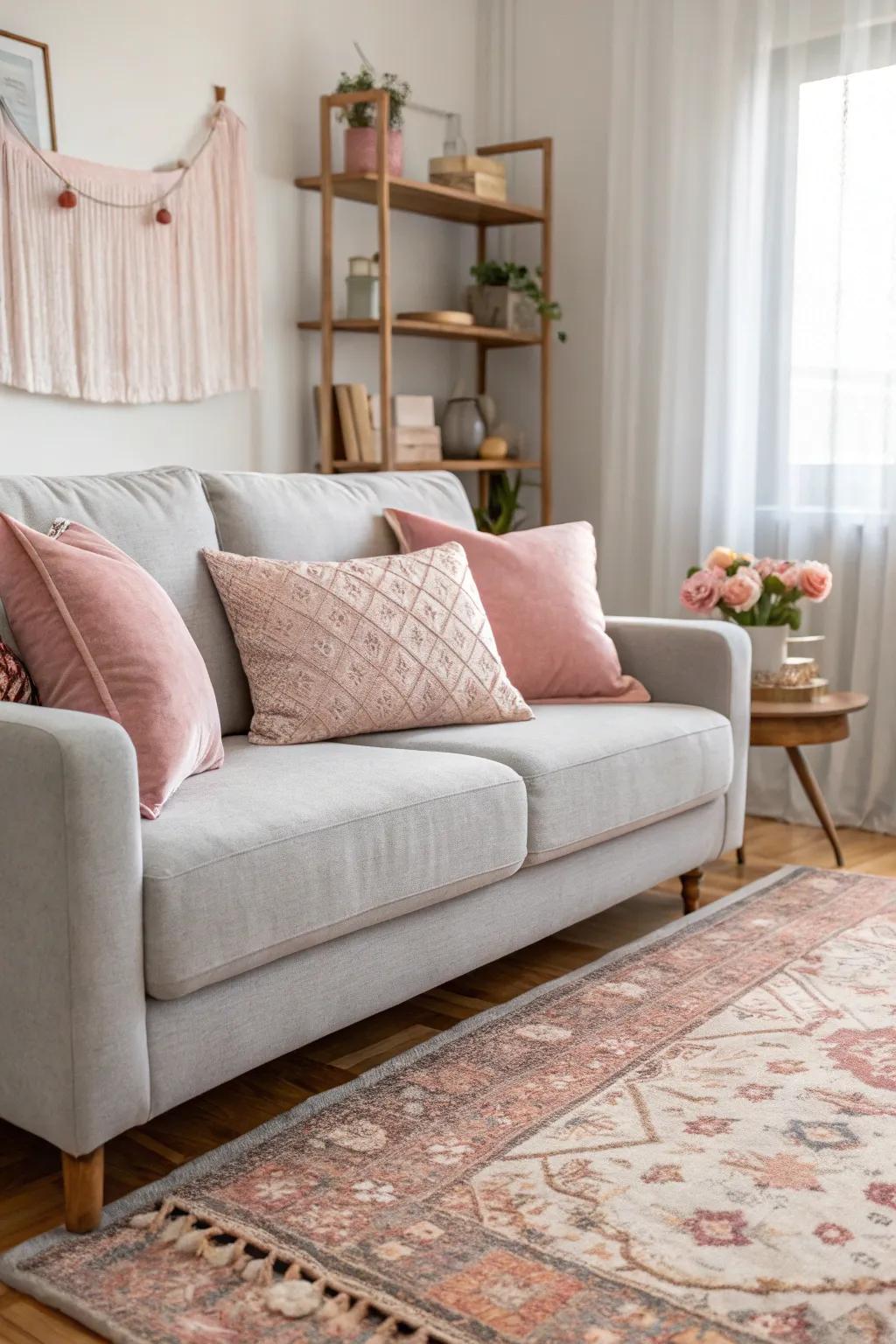 Rose accents bring a soft elegance to a pale stone sofa.