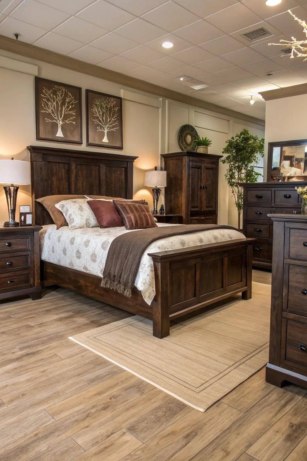 Deep-toned furniture creating contrast with pale timber flooring.