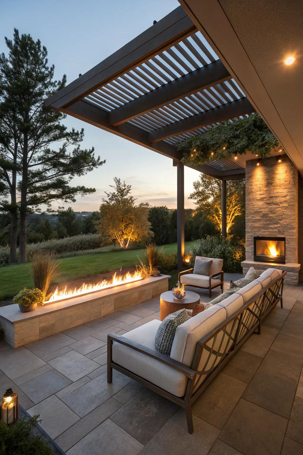 Develop a comfy outside hideaway using a linear hearth.