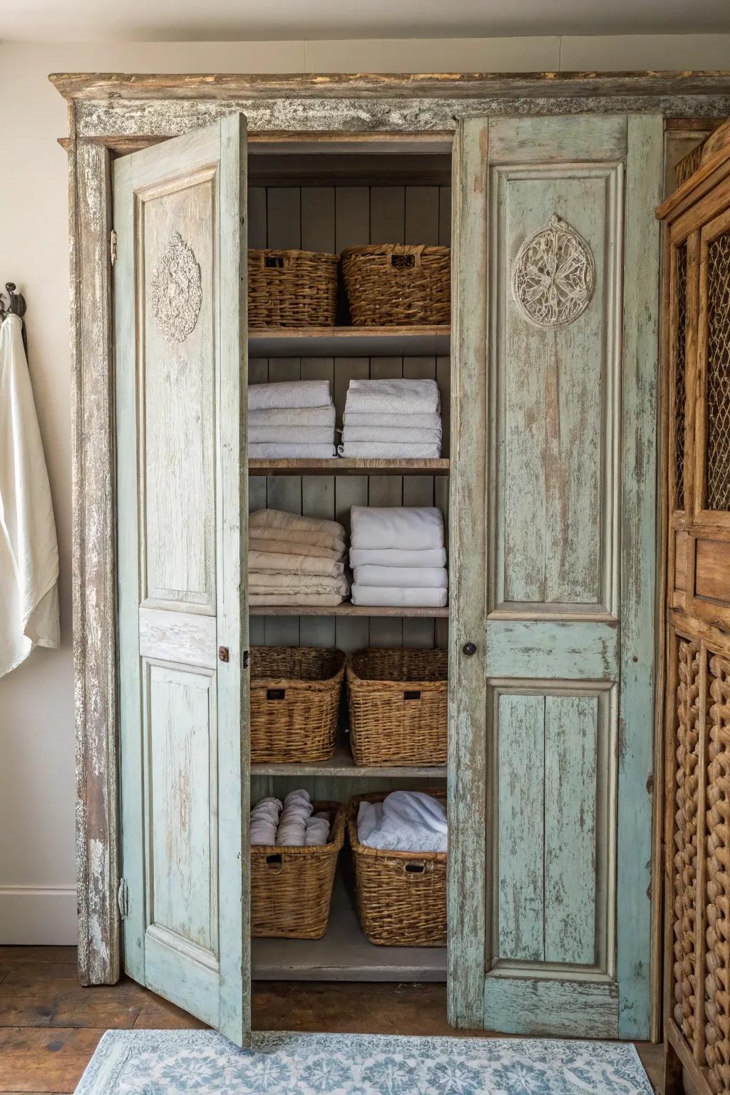 Repurposed doors offer a special and charming touch to a linen closet.