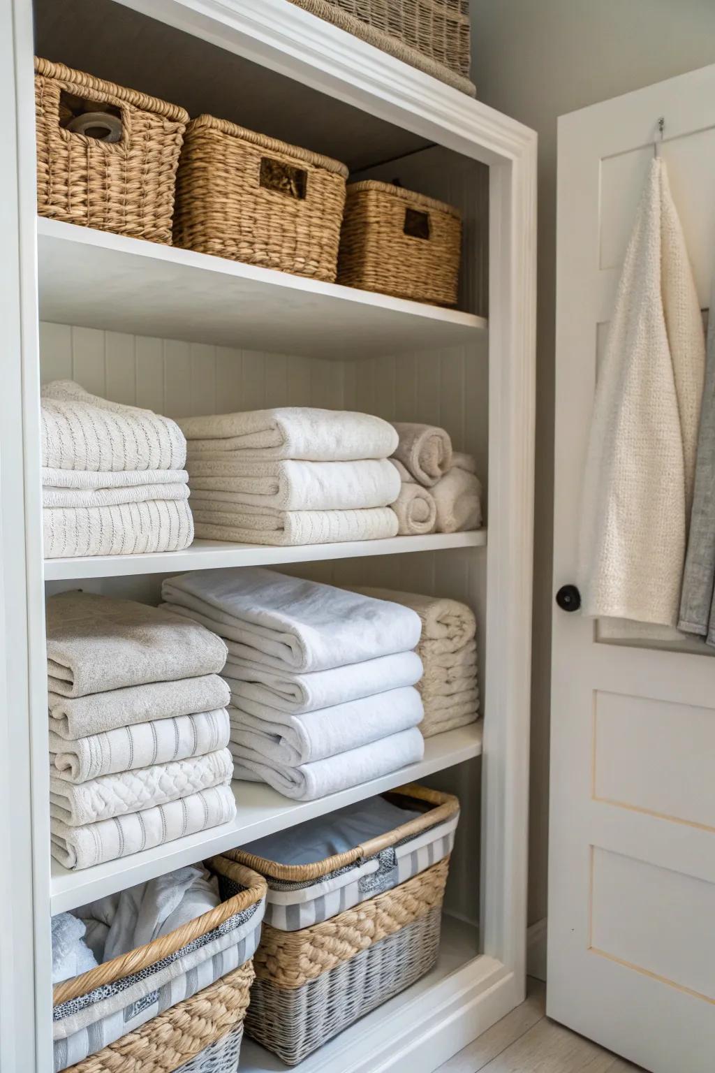 Matching containers create a unified and tidy look in a linen closet.