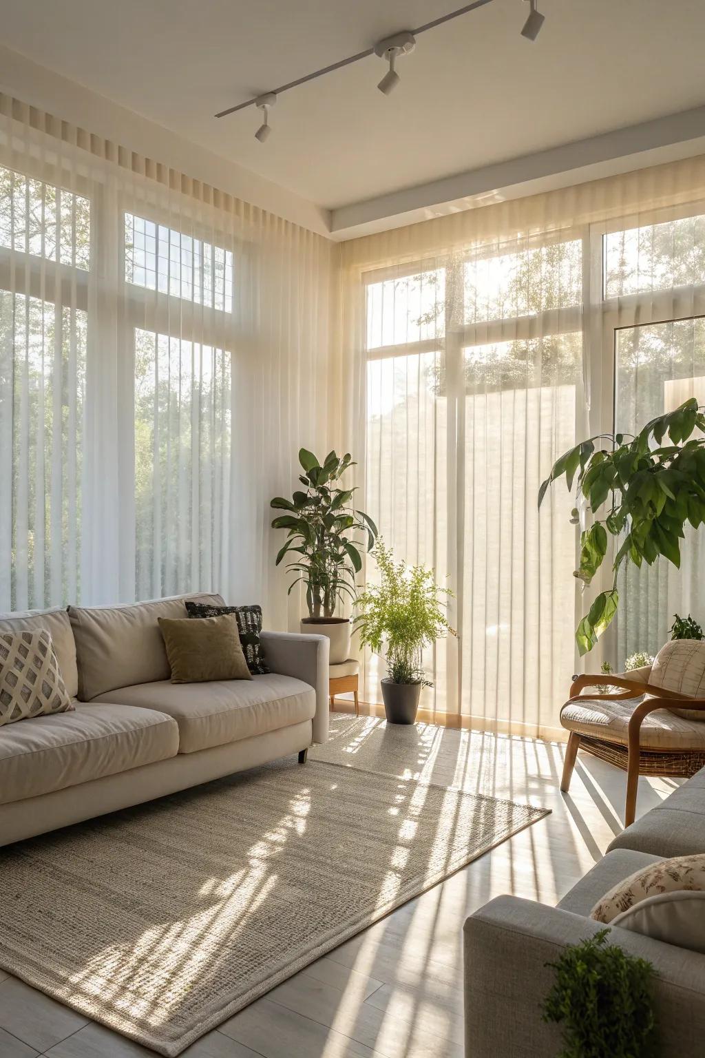 Sheer window coverings provide a bright and breezy atmosphere.