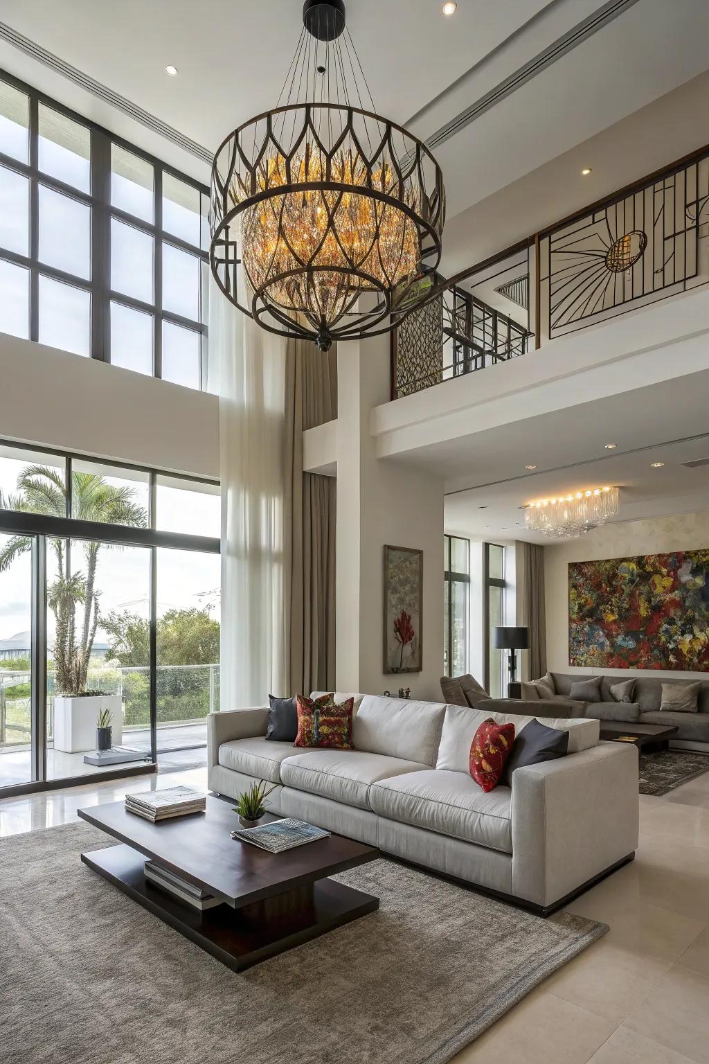 A contemporary living room featuring an abstract chandelier with a striking form.